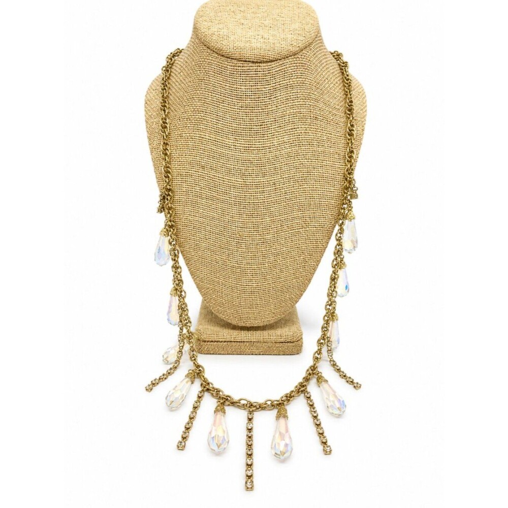 Vintage ANN TAYLOR Necklace Crystal AB Teardrop Fringe Gold Tone Statement